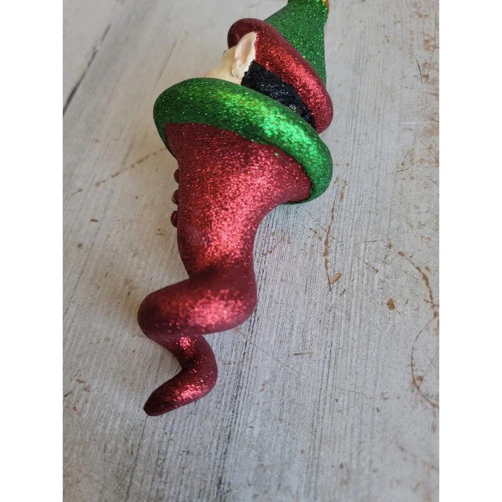 Vintage dept 56 glitter elf Santa helper twist abstract ornament Xmas cork